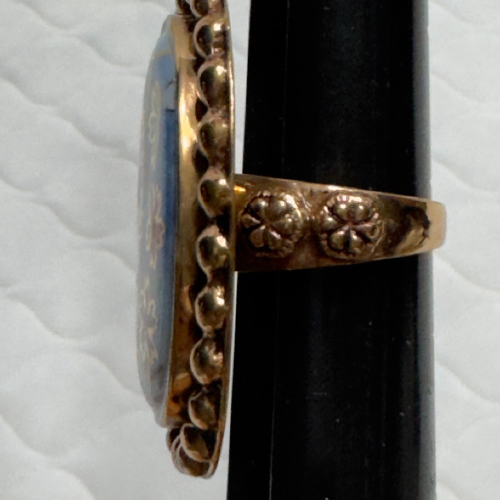 Sz 8.25 Amy Kahn Russel Bronze Hand Painted Flower Statement Ring Floral Blue - Picture 7 of 14